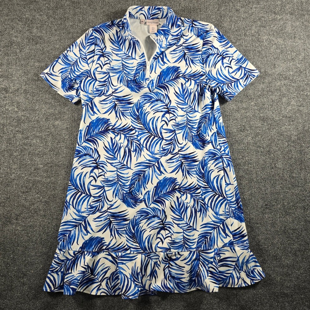 Tommy Bahama Golf Dress Womens Large Blue Sea Palm Print Quarter Zip Ruffle